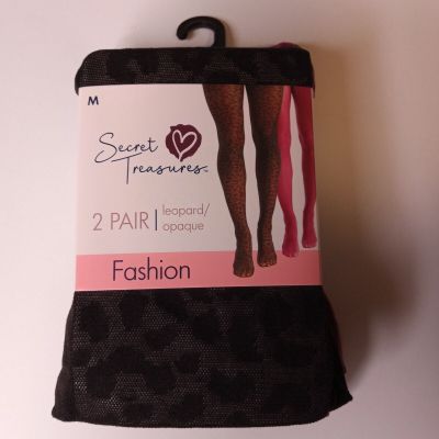 Secret Treasures Women's Wine Red Opaque & Black Leopard 2 Pack Tights Size M